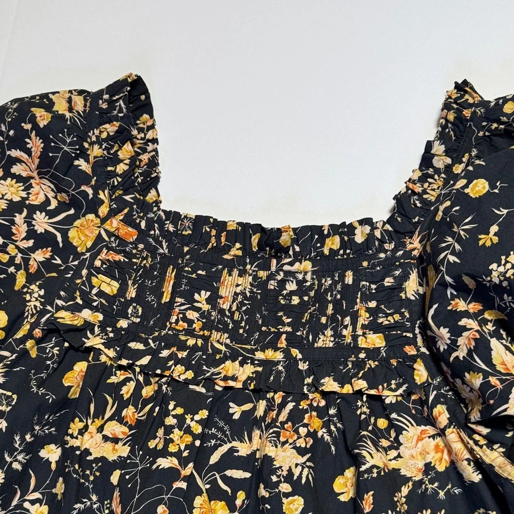 DÔEN Acton Baby Doll Mini Dress Navy Oaks Bluffs Floral Smocked Square Neck L - Picture 4 of 12